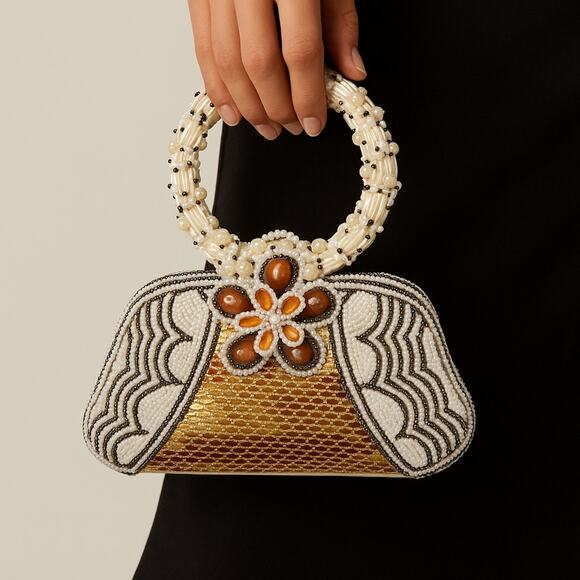 Expressions Nyc Handbags - Expressions NYC Beaded Evening Bag Gold & Amber Floral Handle NWT